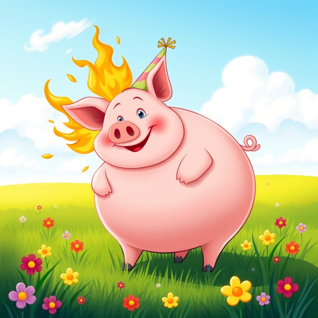 A whimsical and cartoonish pig with a large, round pot belly, standing happily in a vibrant green meadow