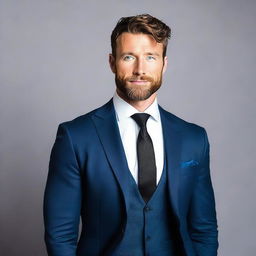 A 34-year-old tall and muscular man with dark blue eyes, pale skin, wavy black hair and a short beard. He is donning a stylish suit.