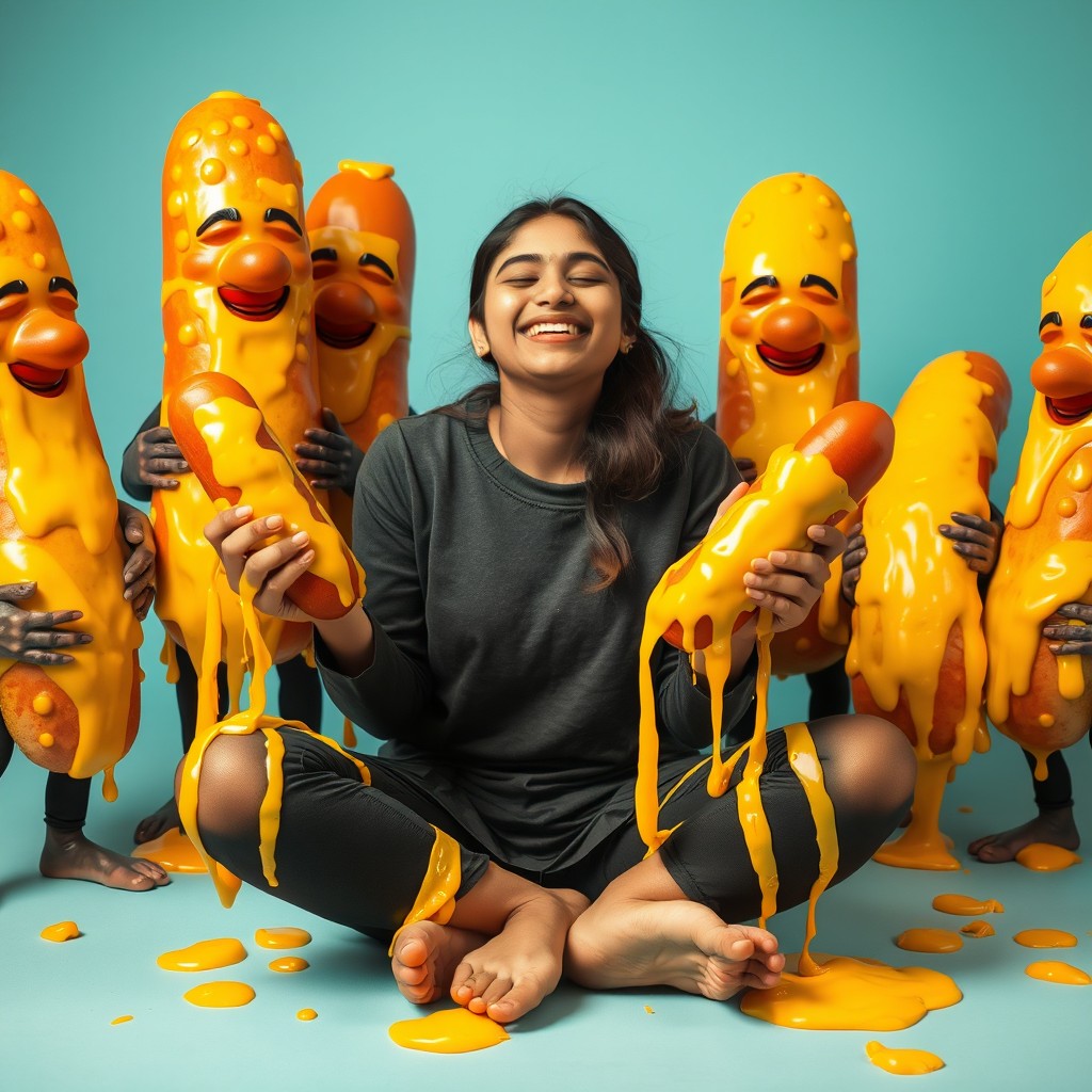 A playful and whimsical scene featuring a young Pakistani woman, 18 years old, sitting cross-legged with her eyes closed, smiling joyfully