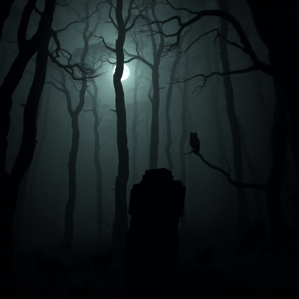 An eerie and mysterious dark scene in a dense forest, shrouded in fog with tall, twisted trees