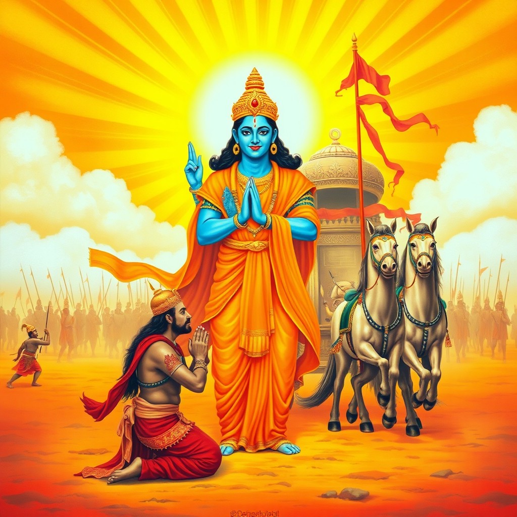 A vibrant, traditional artwork depicting a divine scene from an ancient epic