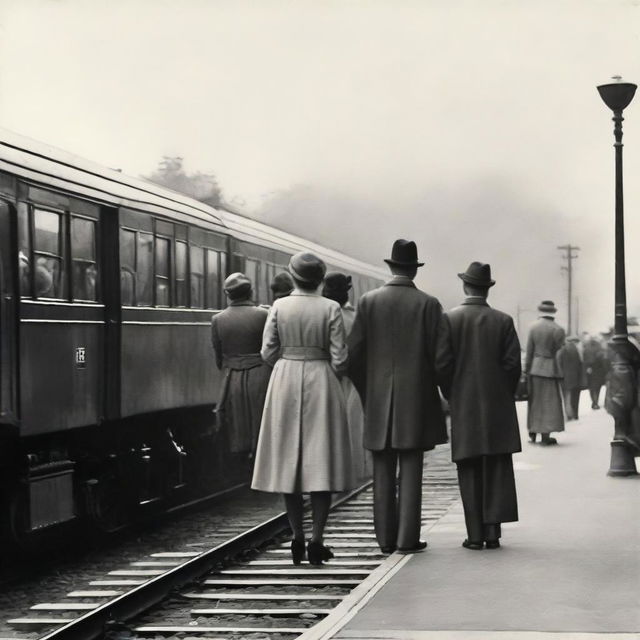 Numerous couples standing on a vintage railway platform, displaying various emotions of anticipation as they await the arrival of a local train.