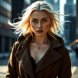 Emilia Clarke, depicting a striking portrait with vivid orange eyes and flowing platinum hair