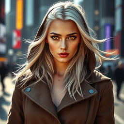 Emilia Clarke, depicting a striking portrait with vivid orange eyes and flowing platinum hair