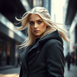 Emilia Clarke, depicting a striking portrait with vivid orange eyes and flowing platinum hair