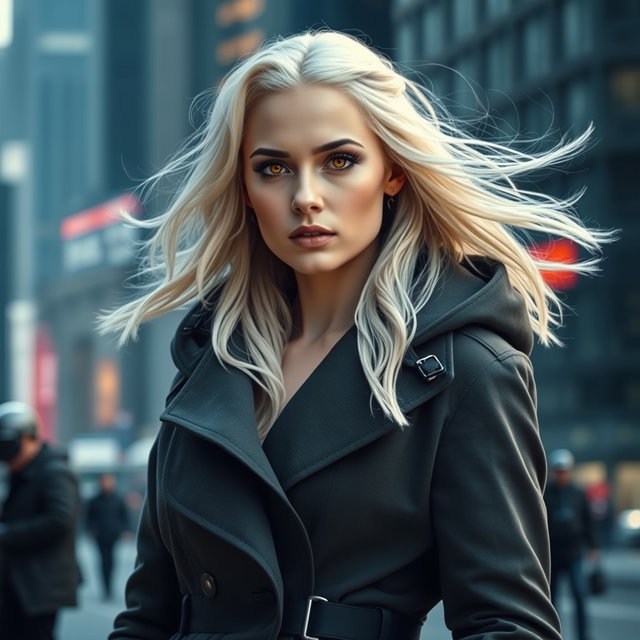 Emilia Clarke, depicting a striking portrait with vivid orange eyes and flowing platinum hair