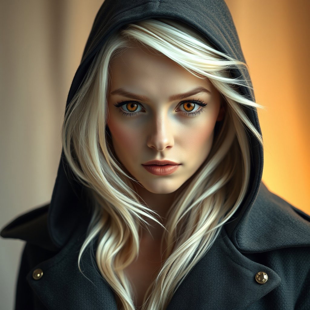 A stunning portrait of a woman resembling Emilia Clarke, featuring striking orange eyes and flowing platinum blonde hair
