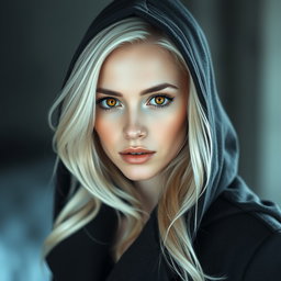 A stunning portrait of a woman resembling Emilia Clarke, featuring striking orange eyes and flowing platinum blonde hair