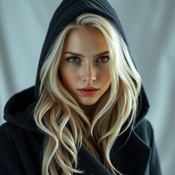 A stunning portrait of a woman resembling Emilia Clarke, featuring striking orange eyes and flowing platinum blonde hair