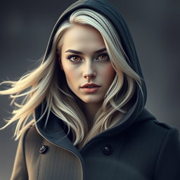 A stunning portrait of a woman resembling Emilia Clarke, featuring striking orange eyes and flowing platinum blonde hair