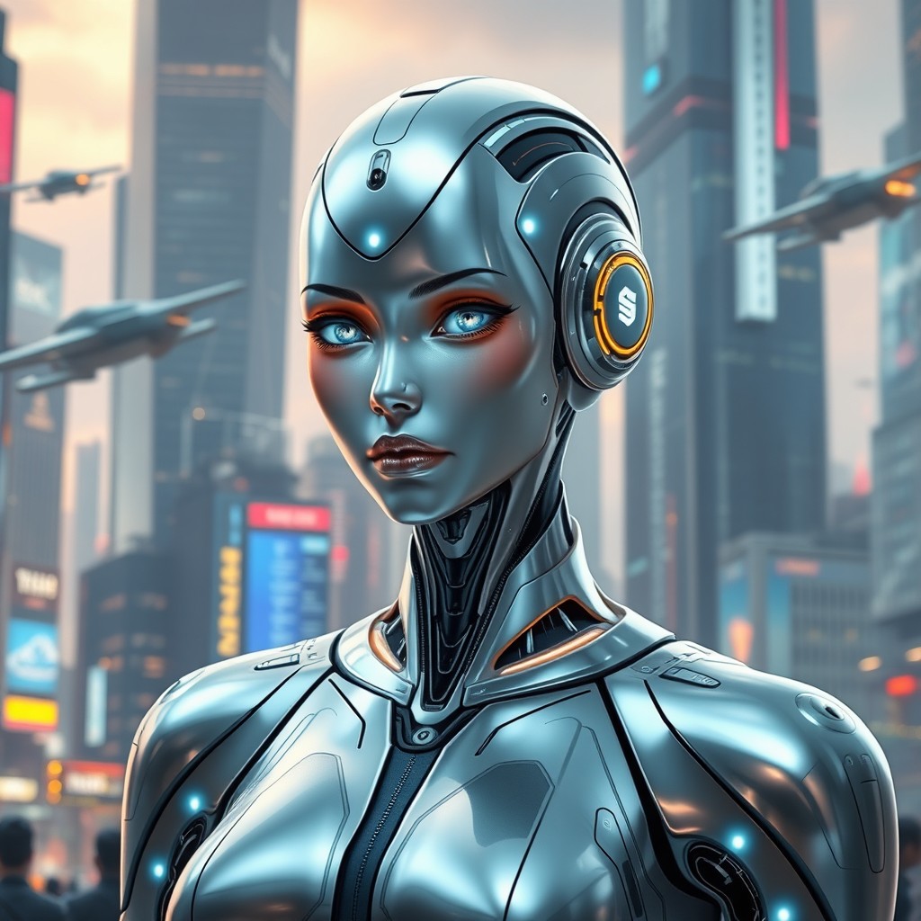 A female android with sleek, metallic features, wearing a futuristic outfit that blends technology and fashion