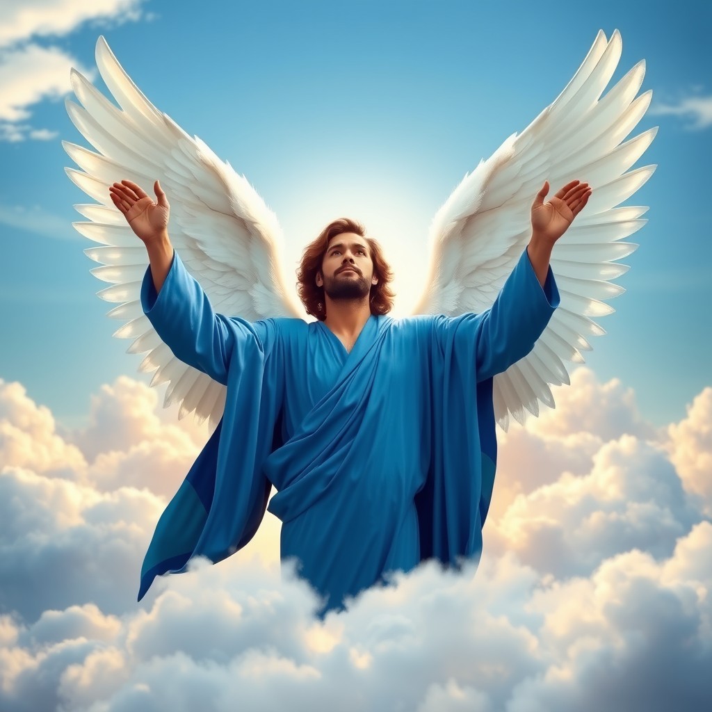 An angelic figure, embodying the essence of hope and tranquility, depicted as a man dressed in vibrant blue clothing