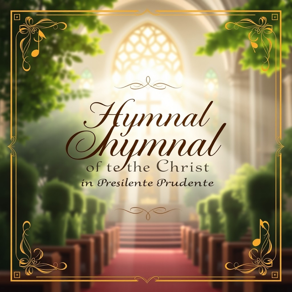 A beautifully designed cover for a church hymnal, featuring the text 'Hymnal of the Church of Christ in Presidente Prudente' prominently in elegant calligraphy