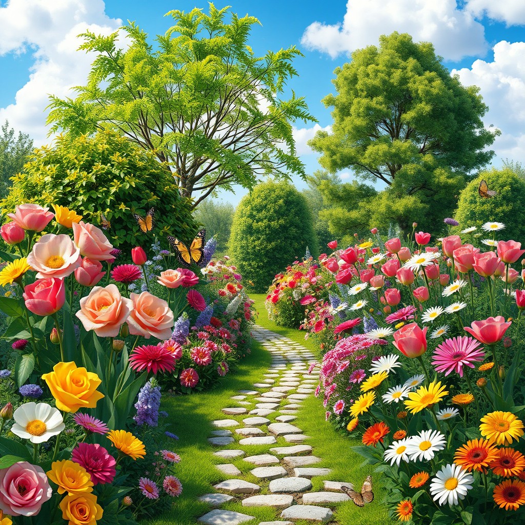 A beautiful and vibrant garden scene, filled with a variety of colorful flowers in full bloom, including roses, tulips, and daisies