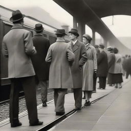 Numerous couples standing on a vintage railway platform, displaying various emotions of anticipation as they await the arrival of a local train.