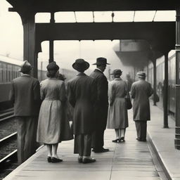 Numerous couples standing on a vintage railway platform, displaying various emotions of anticipation as they await the arrival of a local train.