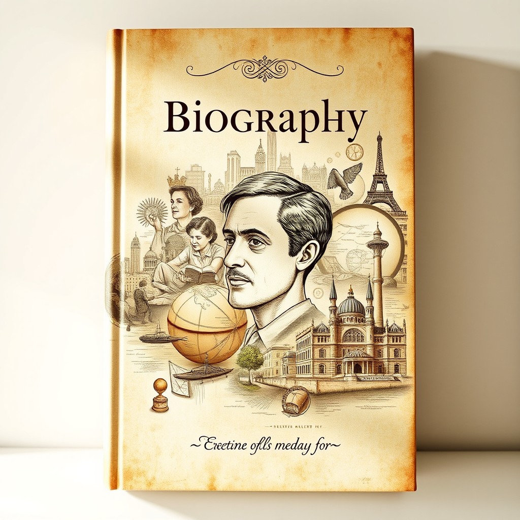 A beautifully illustrated biography book cover, featuring an intricate collage of significant moments from the person's life
