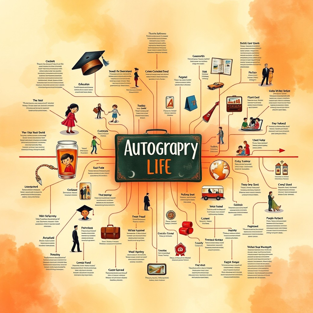 A vibrant and dynamic representation of an autobiography, featuring a sprawling timeline of a person's life