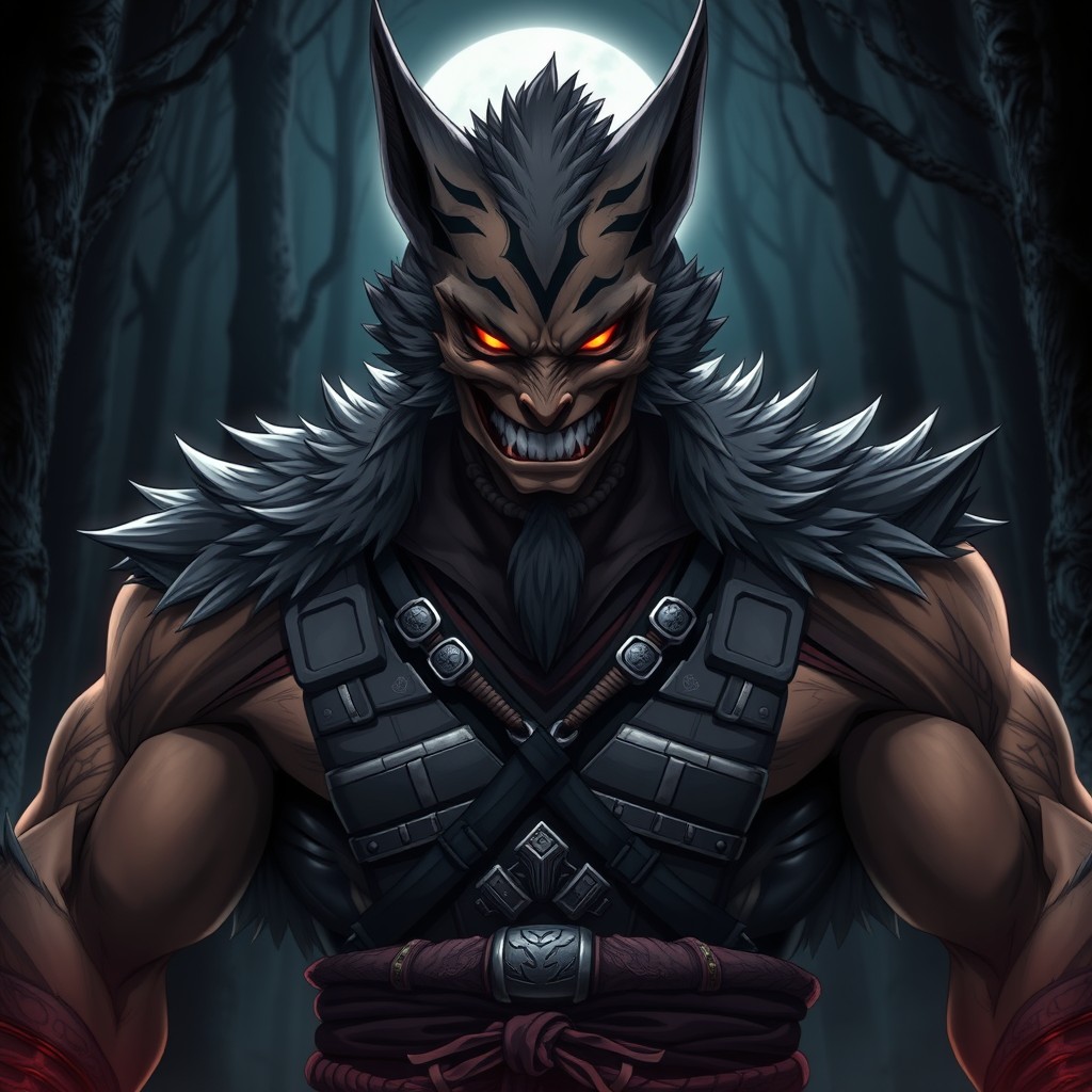 A fierce and powerful depiction of Sukuna Ryomen from Jujutsu Kaisen with wolf-like features