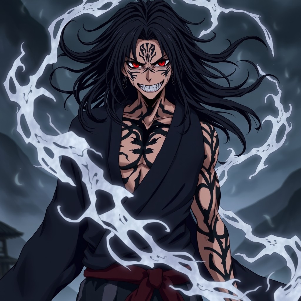 A detailed character portrait of Ryomen Sukuna from the anime 'Jujutsu Kaisen'