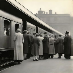 Numerous couples standing on a vintage railway platform, displaying various emotions of anticipation as they await the arrival of a local train.