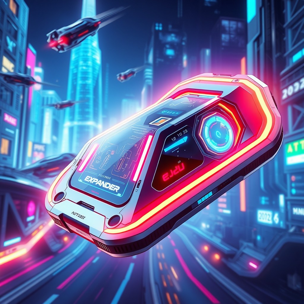 A futuristic concept of an advanced gadget called 'expander ultimate 2025', showcasing sleek, modern design elements with vibrant LED lights, holographic displays, and metallic surfaces
