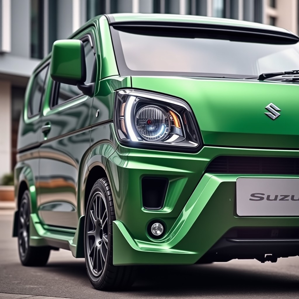 A stunning green metallic Suzuki Carry Jumbo car, featuring custom modifications on the headlights and bumper