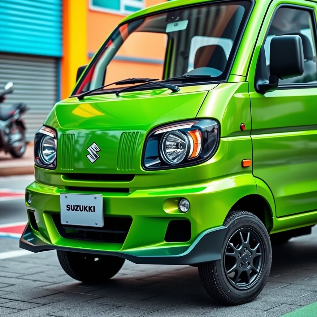 A vibrant green metallic Suzuki Carry Extra Eco Fun car, featuring custom modifications on the headlights and bumper