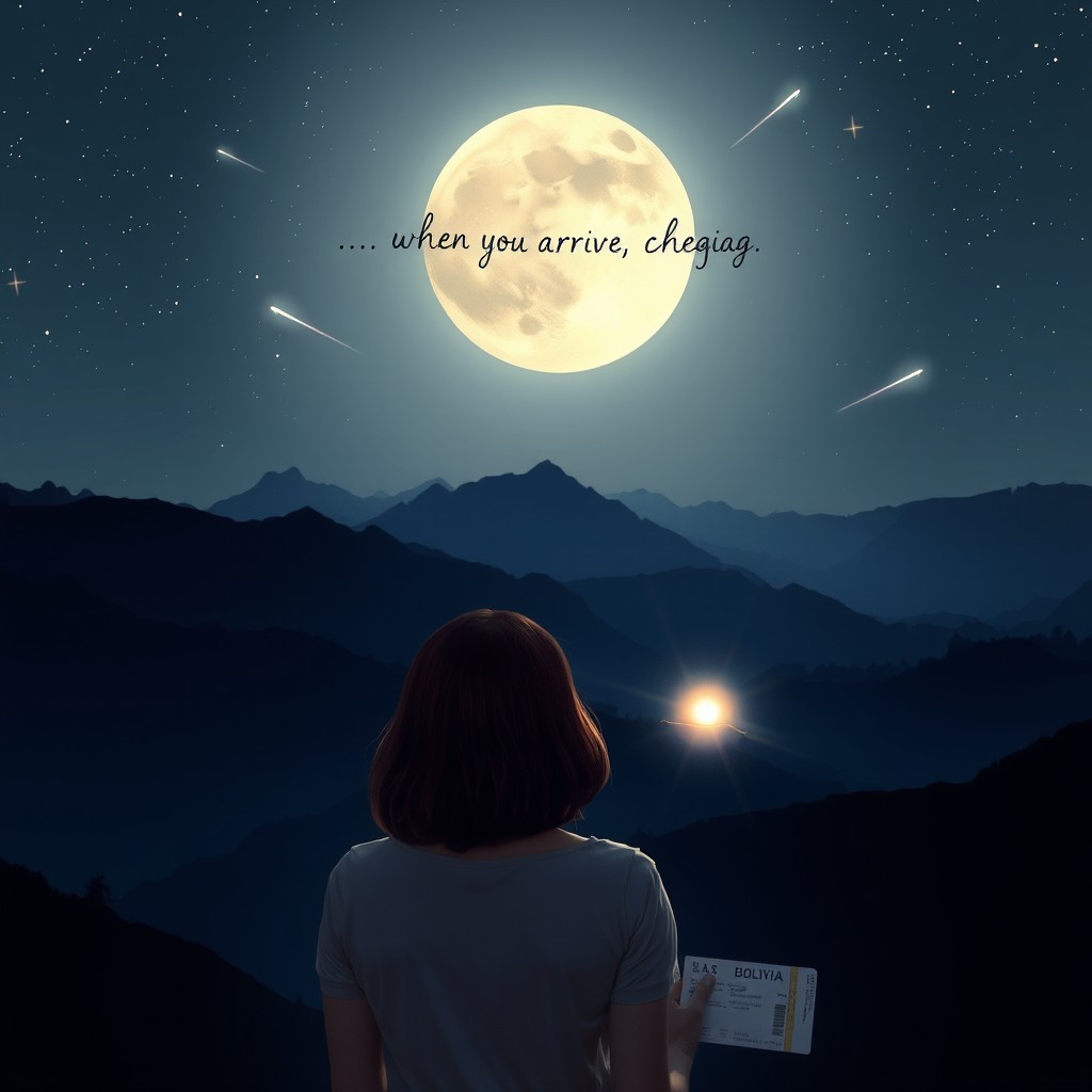 A mysterious and romantic night scene with a starry sky and a full moon, creating a calm atmosphere filled with anticipation