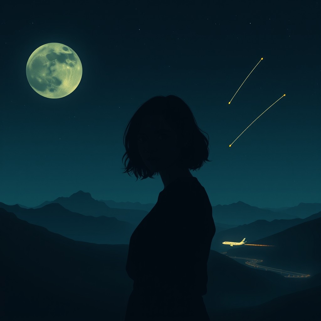 Uma cena misteriosa e romântica em uma paisagem noturna, com céu estrelado e lua cheia, criando um clima calmo e cheio de expectativa