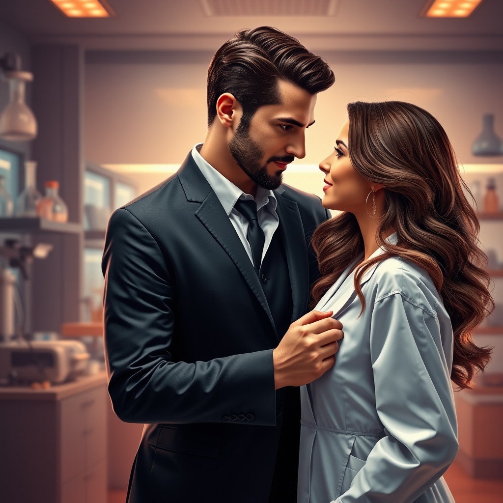 A captivating digital art piece showcasing a man in a dark, tailored suit leaning in closer to a beautiful woman with flowing brown wavy hair, who is elegantly dressed in a white lab gown