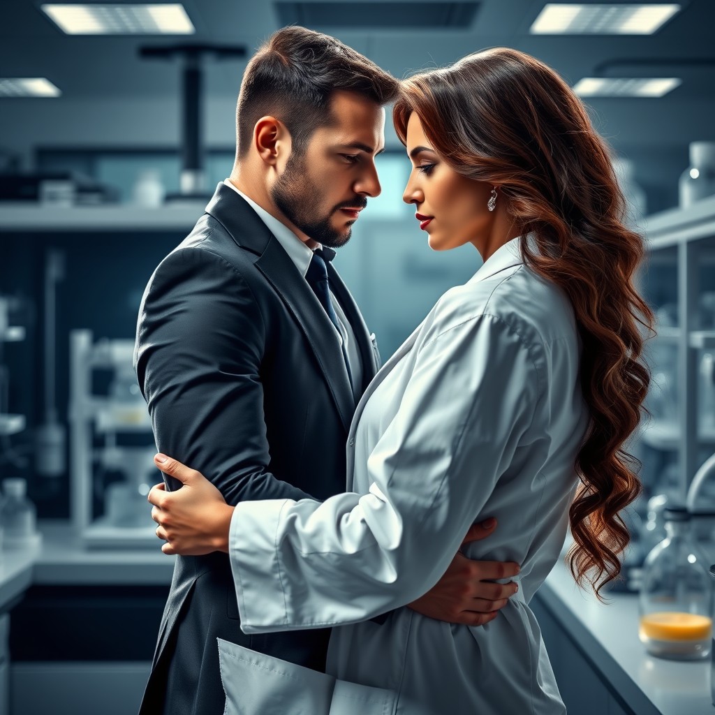 A striking digital art piece featuring a man in a dark, tailored suit leaning in closer to a beautiful woman with rich brown, wavy hair, who is elegantly dressed in a white lab gown