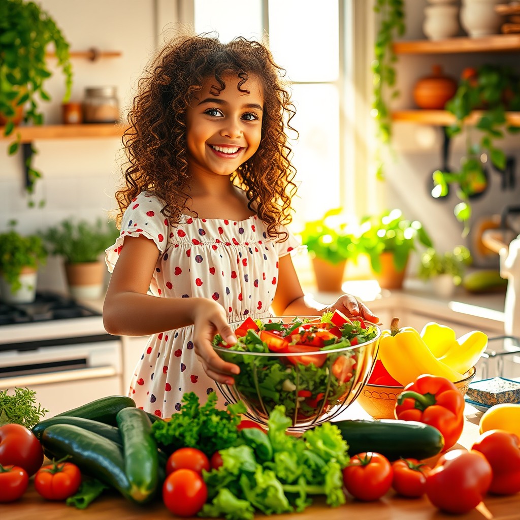 A beautiful curly-haired girl cooking a vegetable salad, wearing a lovely dress in a bright kitchen setting