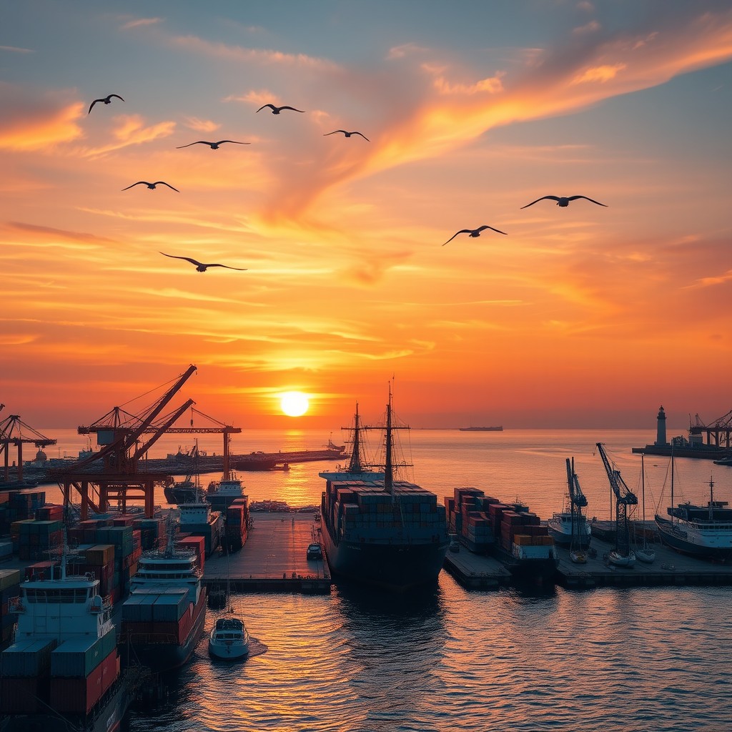 A serene and scenic image of a bustling port during sunset, with cargo ships and sailboats docked, colorful containers stacked high, and cranes gently moving in the background