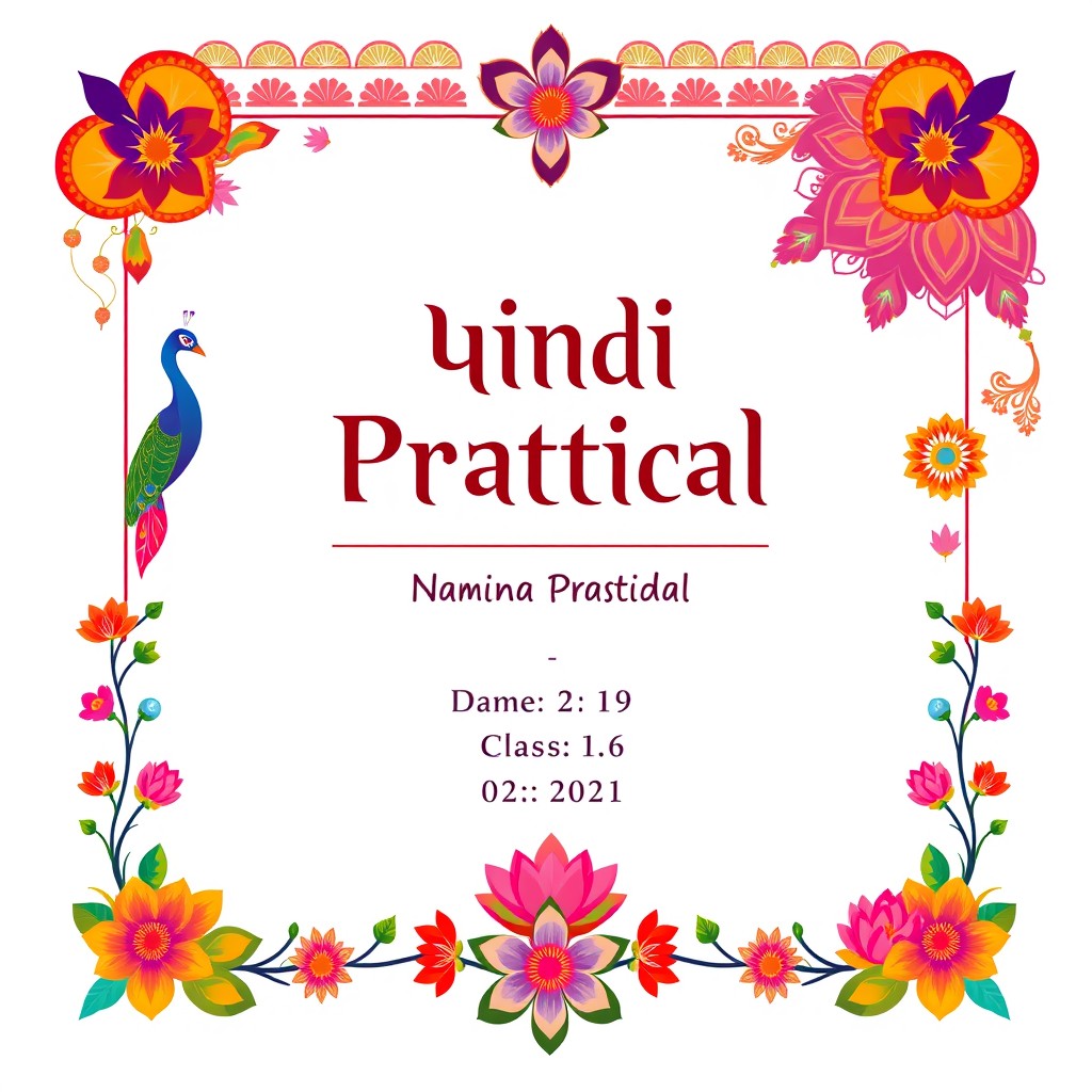 A beautifully designed front page for a Hindi practical, featuring vibrant colors and traditional motifs