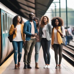 A diverse group of women and men in casual outfits, standing together on a bustling train station platform, conveying anticipation while they await the local train