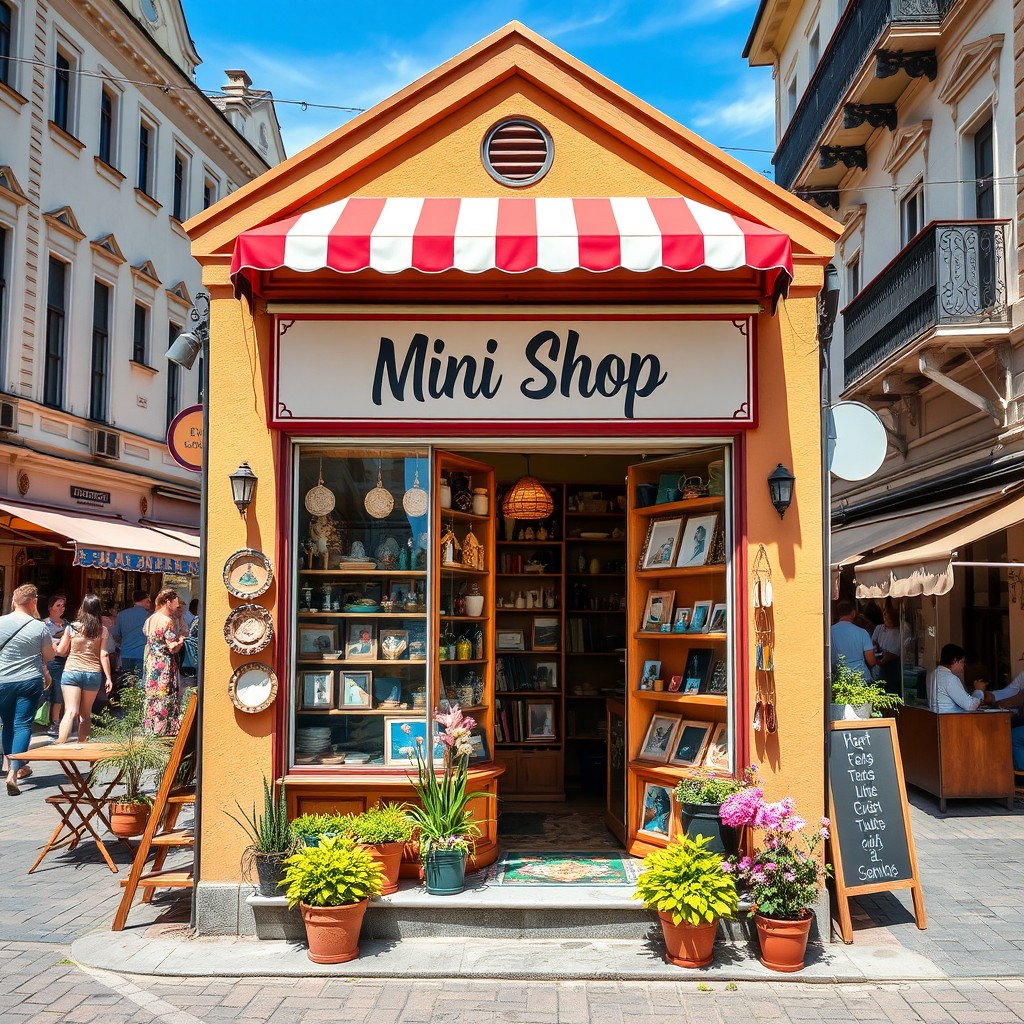 A vibrant and charming mini shop located in Rostov-on-Don, showcasing an inviting storefront filled with unique local products