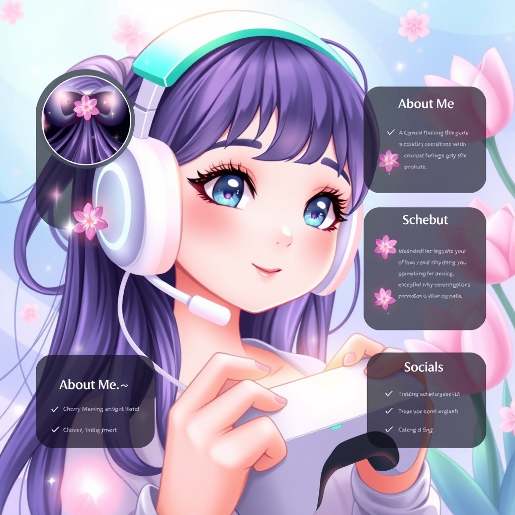 A whimsical Twitch profile design featuring a cute Asian-mestiza girl with fair skin and dreamy eyes