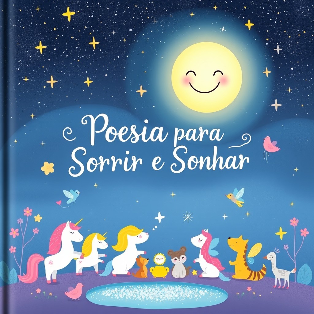 An enchanting book cover for a children's poetry collection titled "Poesia para Sorrir e Sonhar"