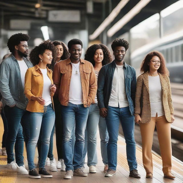 A diverse group of women and men in casual outfits, standing together on a bustling train station platform, conveying anticipation while they await the local train