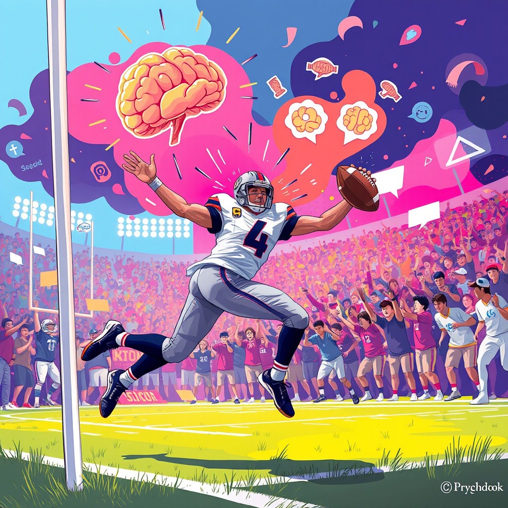 An energetic and dynamic illustration showcasing the psychological aspects of sports during a touchdown in American football