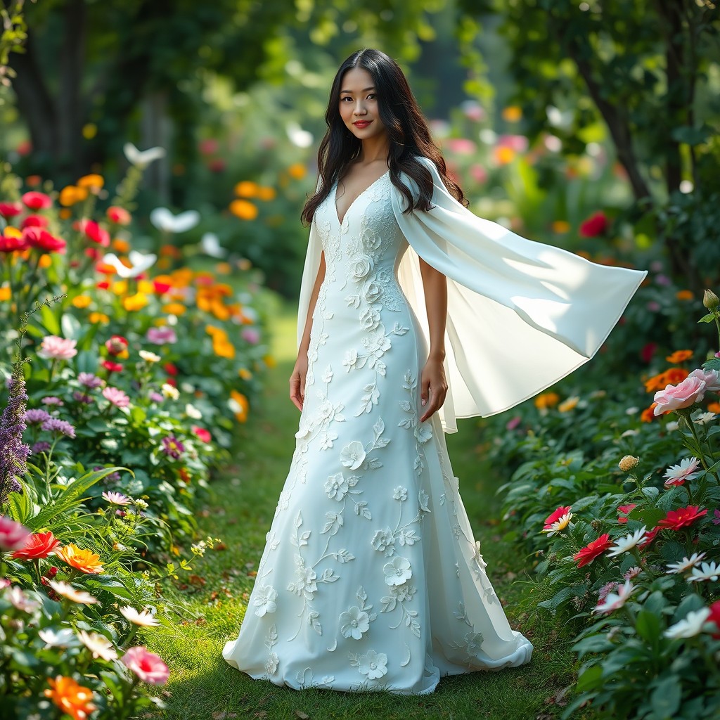 A stunning black-haired woman wearing an elegant floor-length dress adorned with intricate 3D flowers, all in a pure white hue, complemented by a flowing white cape