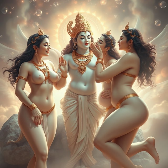 A mesmerizing scene featuring beautiful nude apsaras with milk-like glowing skin, adorned with exquisite jewelry around their necks and delicate payal on their feet