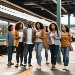 A diverse group of women and men in casual outfits, standing together on a bustling train station platform, conveying anticipation while they await the local train