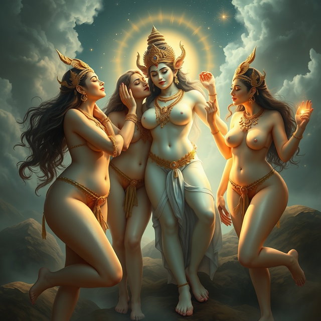 A stunning depiction of beautiful naked apsaras with milk-like glowing skin, adorned with elegant jewelry around their necks and delicate payal on their feet
