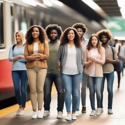 A diverse group of women and men in casual outfits, standing together on a bustling train station platform, conveying anticipation while they await the local train