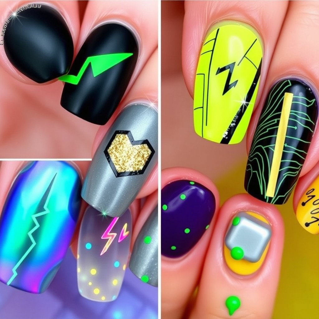 Create a set of nail designs for both hands with detailed descriptions