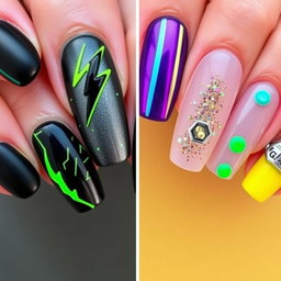 Create a set of nail designs for both hands with detailed descriptions