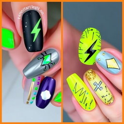 Create a set of nail designs for both hands with detailed descriptions