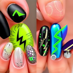 Create a set of nail designs for both hands with detailed descriptions